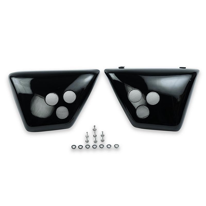 Caches lateraux vintage scrambler noir brillant pour Royal Enfield. Blackpines.fr