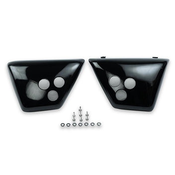 Caches lateraux vintage scrambler noir brillant pour Royal Enfield. Blackpines.fr
