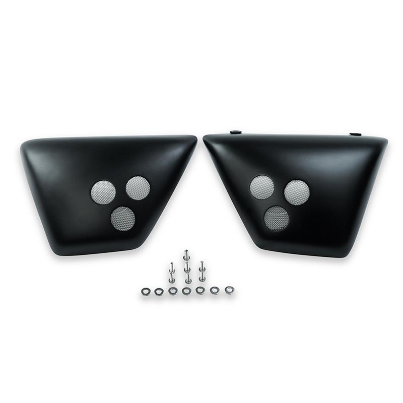 Caches lateraux vintage scrambler noir mat pour Royal Enfield. Blackpines.fr