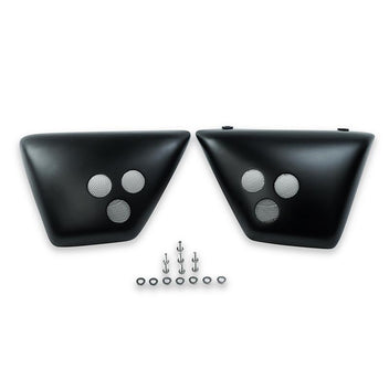 Caches lateraux vintage scrambler noir mat pour Royal Enfield. Blackpines.fr