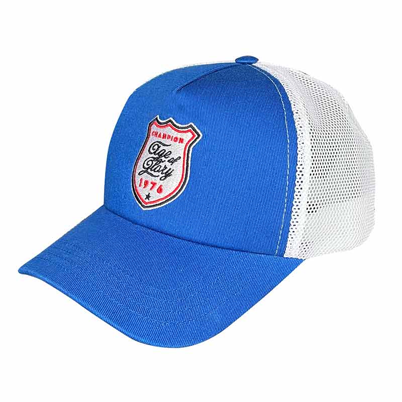Casquette trucker vintage bleue Champion Age of Glory. Blackpines.fr