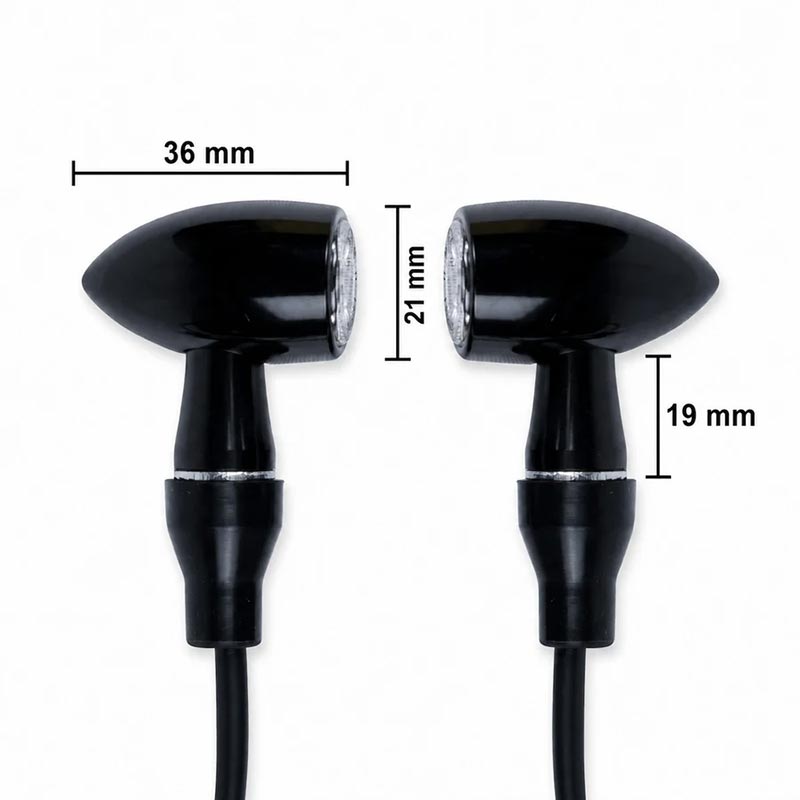 Dimensions des clignotants moto LED homologués type Bullet de Bonvent Motorbikes.