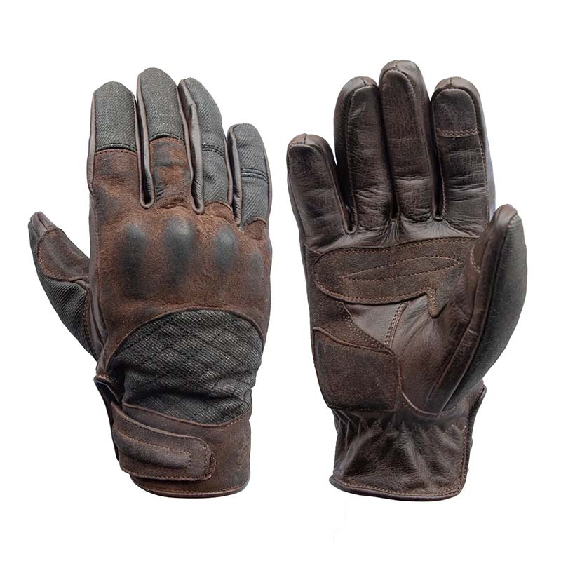 Gants moto cuir et denim homologués Age of Glory Shifter marron.