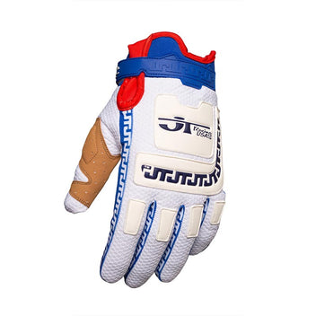 Gant mx JT Racing USA LIFE-LINE blanc et bleu dessus.