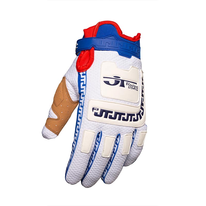 Gant mx JT Racing USA LIFE-LINE blanc et bleu dessus.