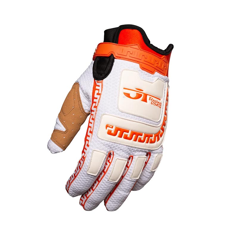 Gant mx JT Racing USA LIFE-LINE blanc et orange dessus.