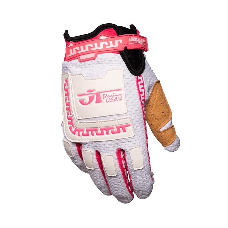 Gant mx JT Racing USA LIFE-LINE blanc et rose dessus.