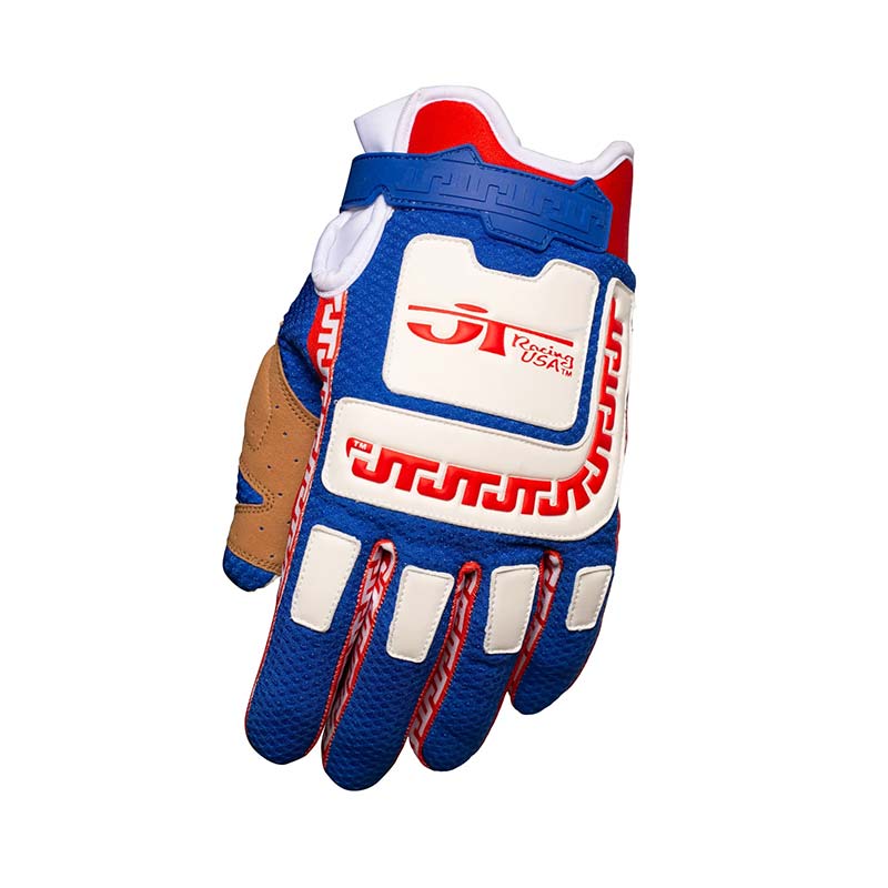 Gant mx JT Racing USA LIFE-LINE bleu et blanc dessus.
