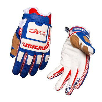 Gants mx JT Racing USA LIFE-LINE bleu et blanc.