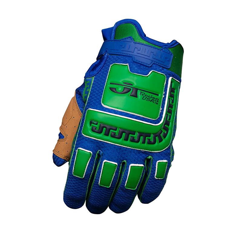 Gant mx JT Racing USA LIFE-LINE bleu et vert dessus.