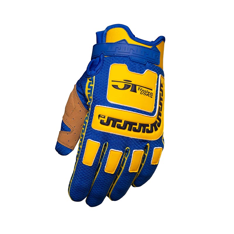 Gant mx JT Racing USA LIFE-LINE jaune et bleu dessus.