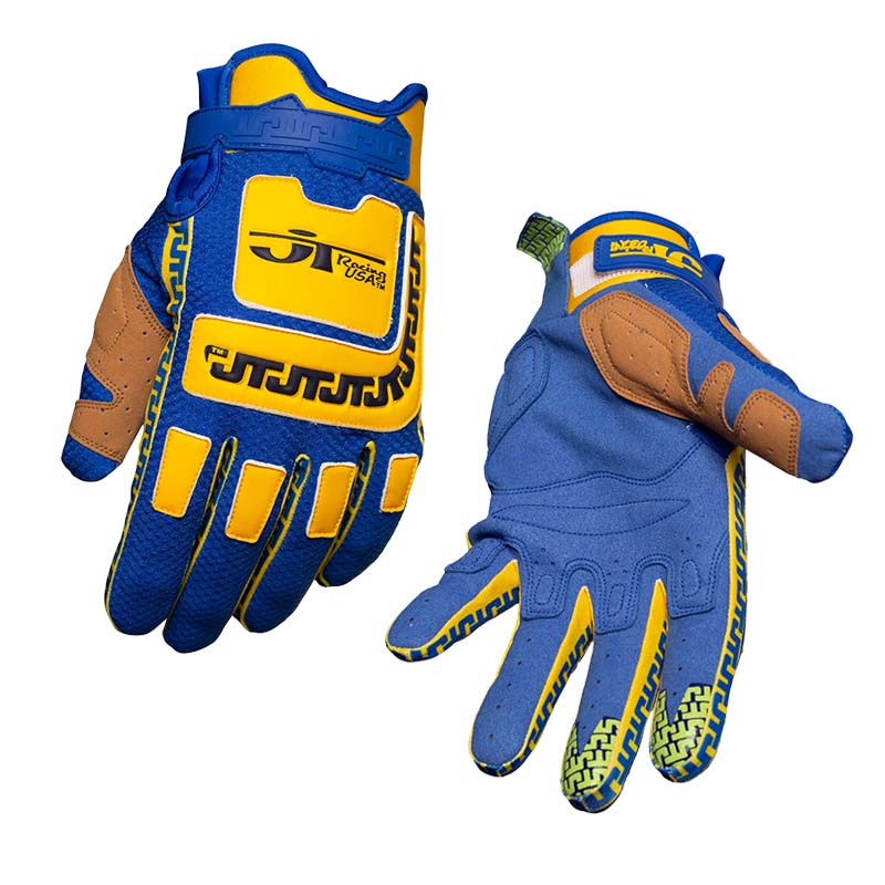 Gants mx JT Racing USA LIFE-LINE jaune et bleu.