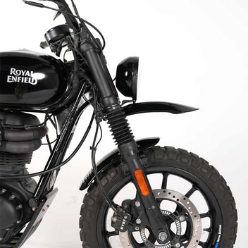 Garde-boue avant haut scrambler et garde-boue-court Bonvent sur Royal Enfield Hunter 350.