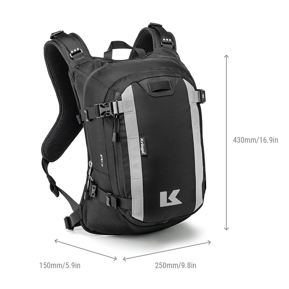 Sac à dos moto Kriega 15 litres R15 noir, dimensions.
