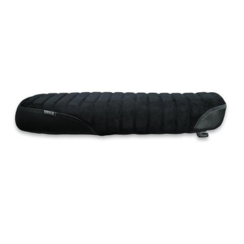 Selle sur mesure artisanale cuir noir dessus suede, coutures côtelées Bonvent pour Interceptor et Continental GT650.