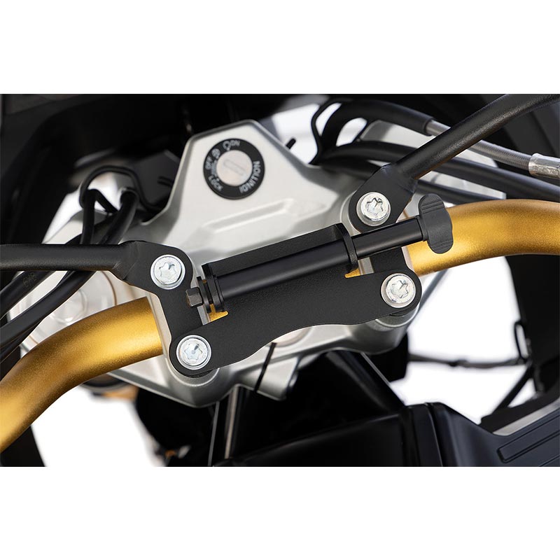 Support GPS ou Smartphone Wunderlich sur pontet de guidon BMW F450GS.
