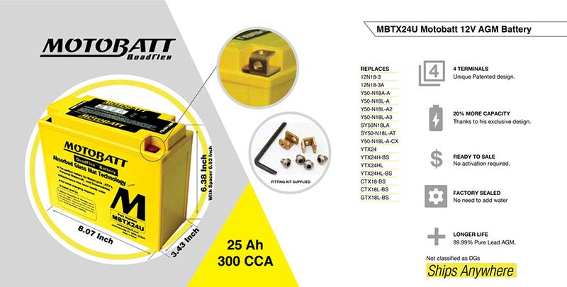 Batterie 4 poles AGM Motobatt 12 V MBTX24U. Blackpines.fr