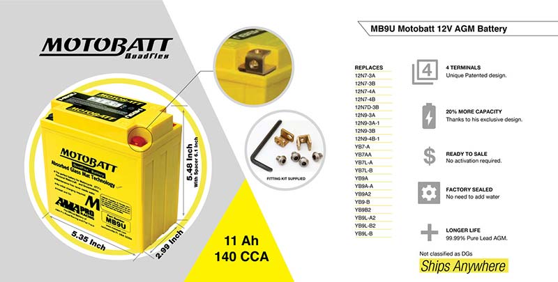 Batterie moto Motobatt AGM MB9U 11 Ah 12 V. Blackpines.fr