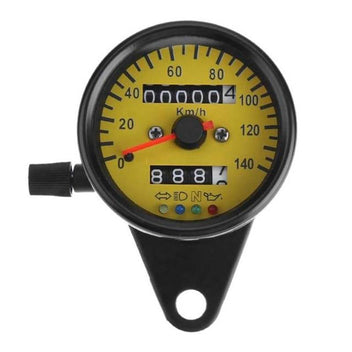 Mini compteur moto 4 voyants cadran jaune. Blackpines.fr