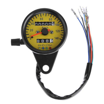 Mini compteur moto 4 voyants cadran jaune. Blackpines.fr