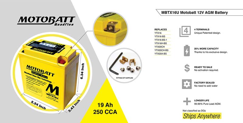 4-pole 19 Ah motorcycle battery MBTX16U Motobatt