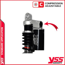 Amortisseurs moto YSS RG362-300TRCL-08-888 pour Triumph Bonneville T140. Blackpines.fr 