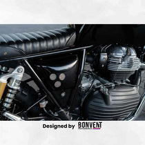 Caches lateraux vintage scrambler pour Royal Enfield. Blackpines.fr