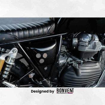 Caches lateraux vintage scrambler pour Royal Enfield. Blackpines.fr