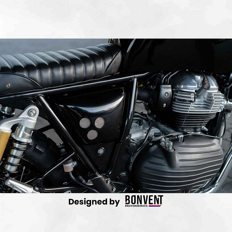 Caches lateraux vintage scrambler pour Royal Enfield. Blackpines.fr